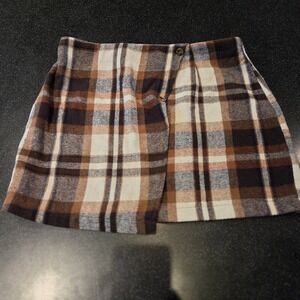 Women's Brown Plaid Mini Skirt Fall Winter Checkered Preppy Size XL Soft Stretch